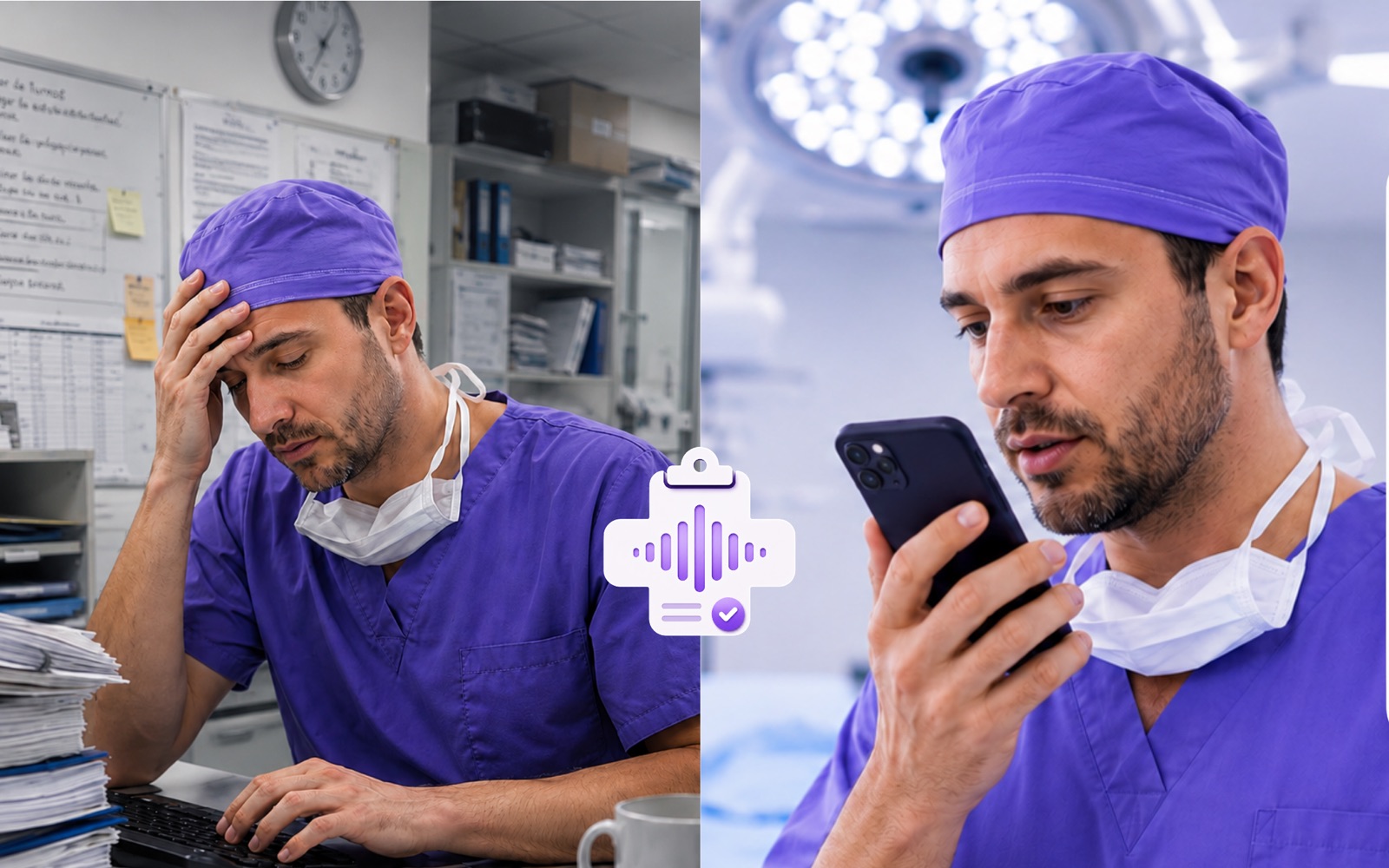 À esquerda, médico exausto digitando a papelada; à direita, o mesmo médico ditando o caso no celular no centro cirúrgico