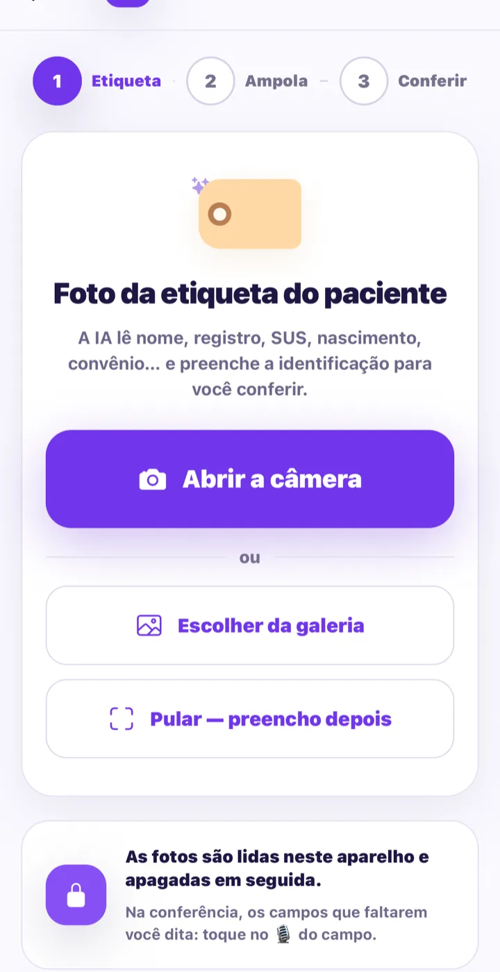 Tela real do app: preencher por foto — as fotos são lidas neste aparelho e apagadas em seguida