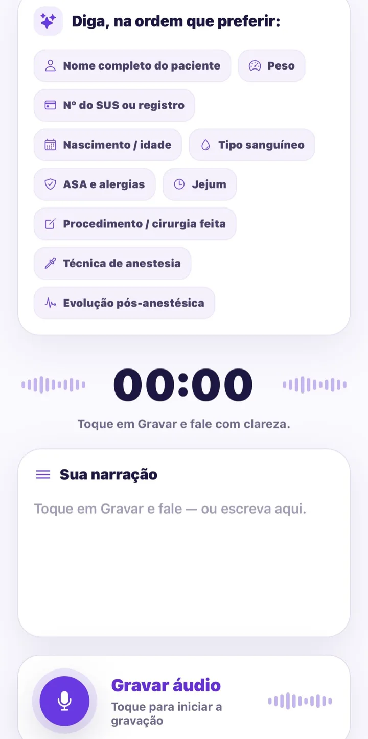 Tela real de gravação: perguntas-guia com os campos a ditar, cronômetro e botão Gravar áudio