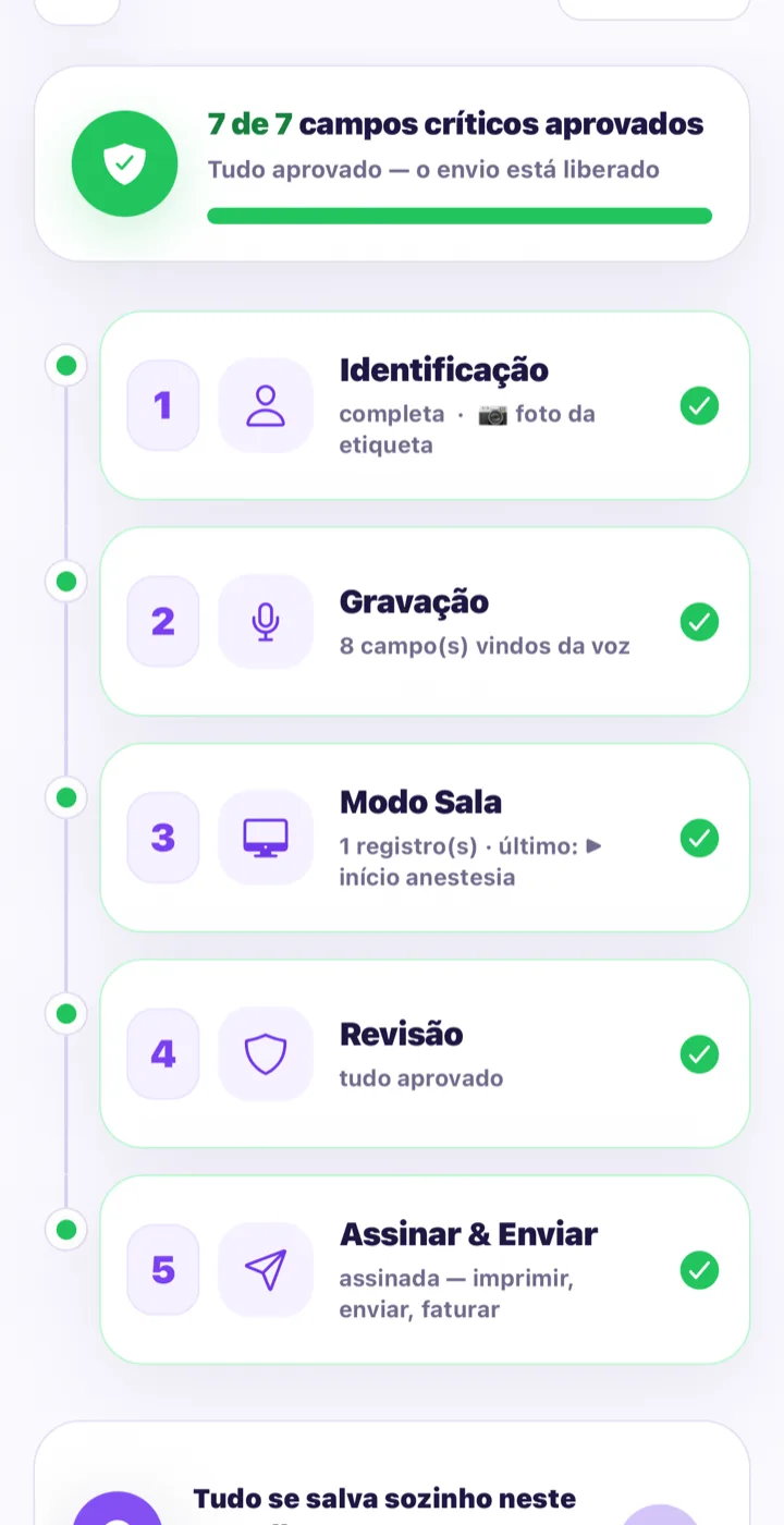 Tela real do hub da ficha: 5 etapas concluídas, 8 campos vindos da voz, 7 de 7 campos críticos aprovados