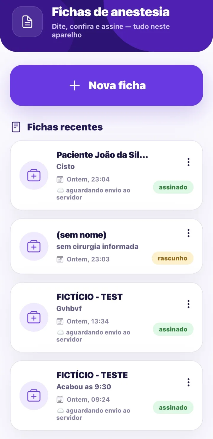 Tela real da lista de fichas: status assinado, rascunho e aguardando envio ao servidor